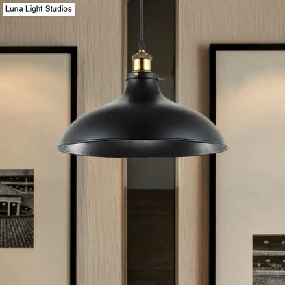 Black matte wrought iron dome industrial pendant lamp with brass fixture compatible with 110v-120v and led incandescent fluorescent bulbs