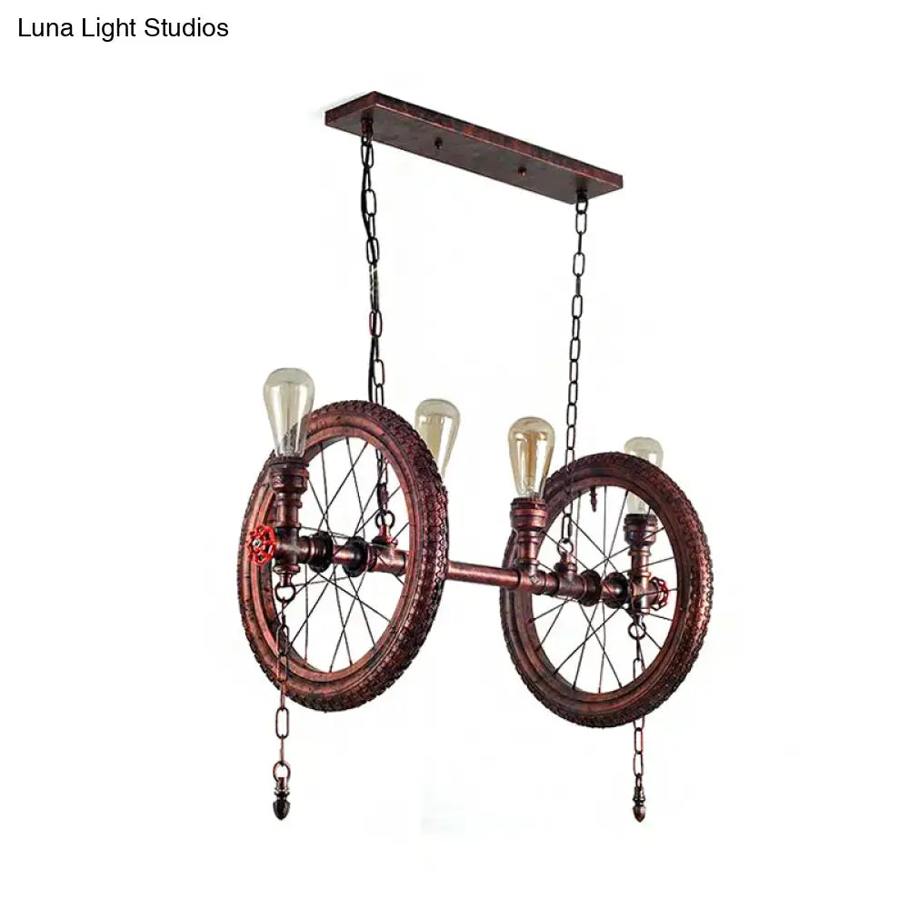 DecorBites™ industrial weathered copper hanging light kit with two vintage bicycle wheels and four filament bulbs