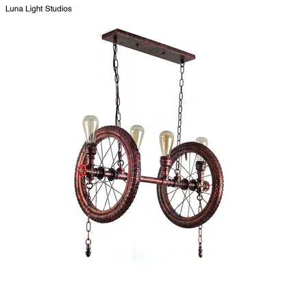 DecorBites™ industrial weathered copper hanging light kit with two vintage bicycle wheels and four filament bulbs
