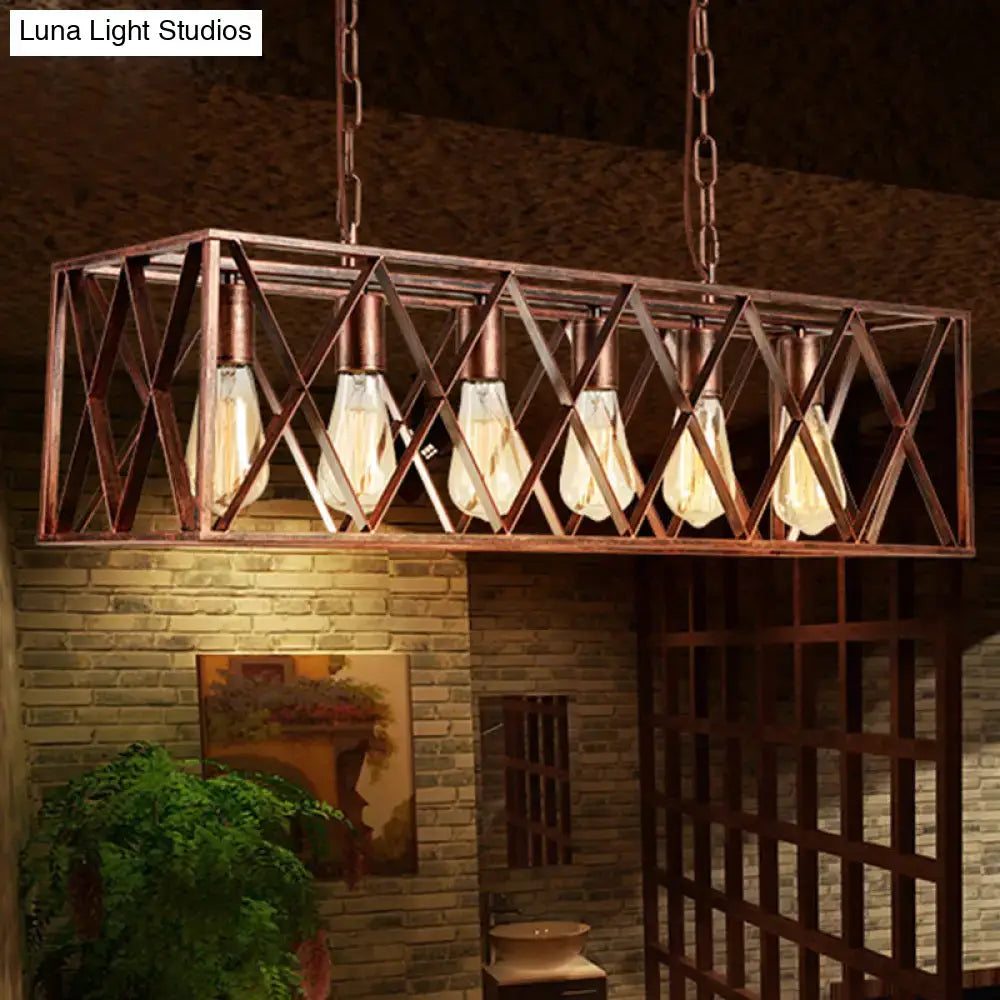 DecorBites industrial 6-light metal cross pendant light with weathered copper finish and exposed Edison bulbs