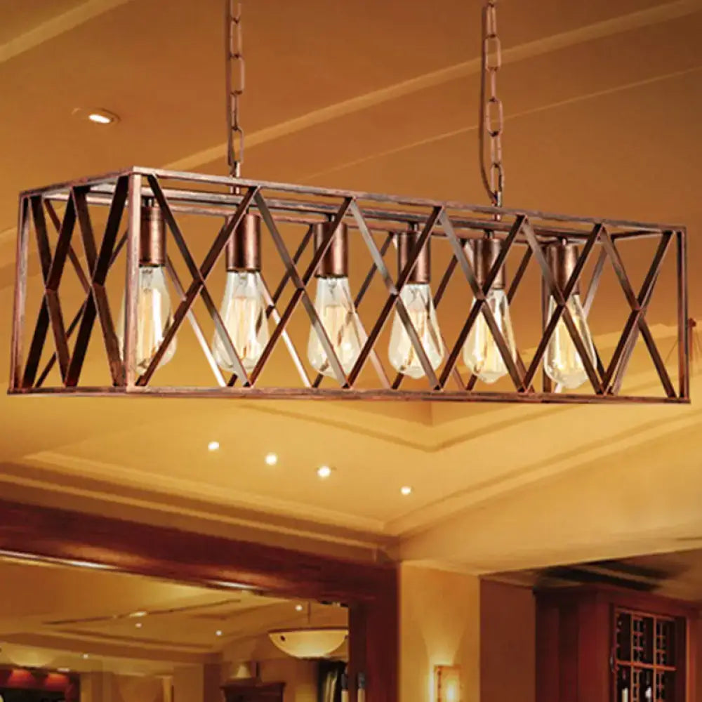 DecorBites™ industrial metal cross pendant light with weathered copper finish and five exposed Edison bulbs for dining rooms