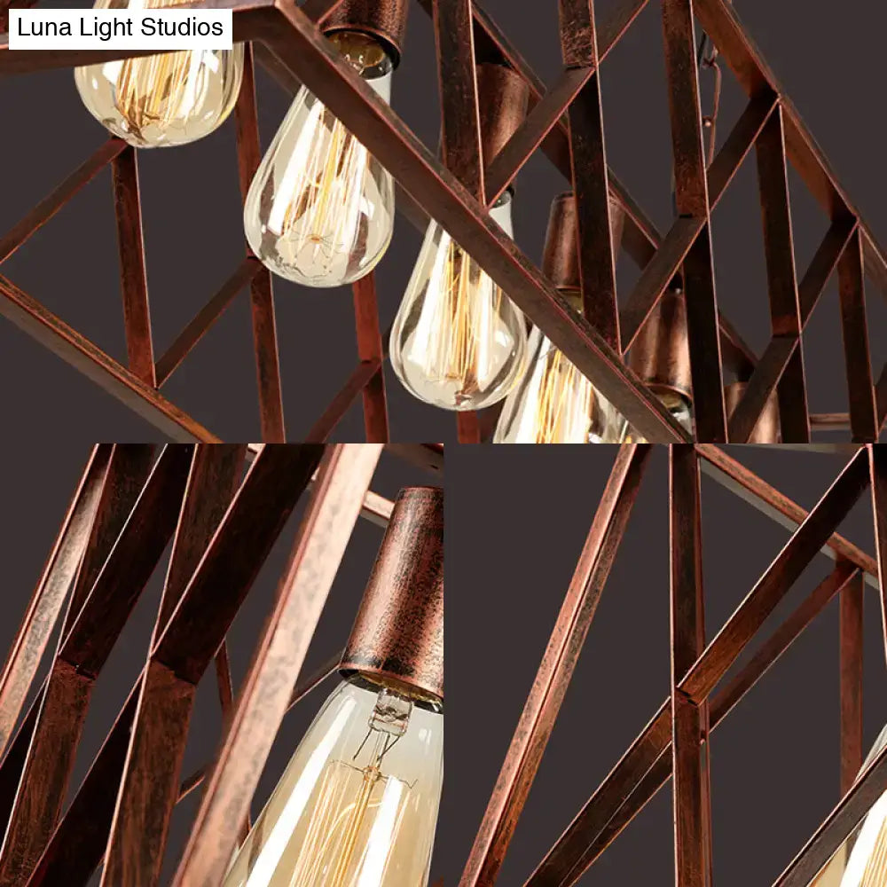 DecorBites industrial 6-light metal cross pendant light with weathered copper finish and exposed filament bulbs