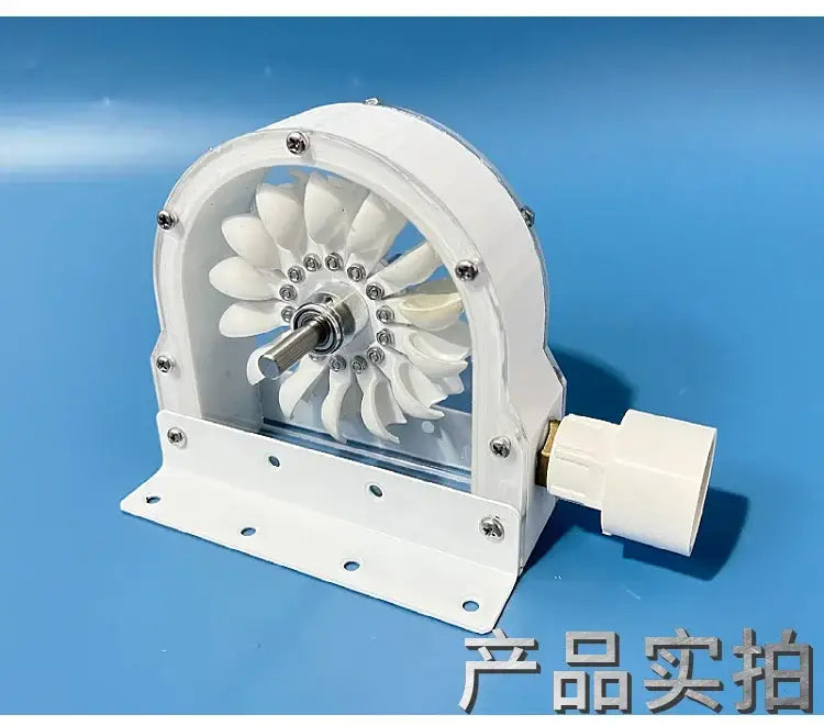 Industrial white and brass hydroelectric generator diy adapter featuring a flower-like impeller and metallic shaft mounted on bracket