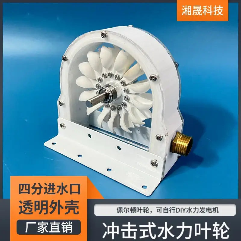 Industrial white and brass hydroelectric generator diy adapter with translucent housing and metallic impact water turbine