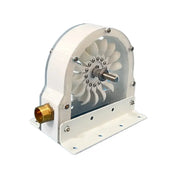White industrial fan with metallic shaft and brass threaded connector for diy adapter in decorbites hydroelectric generator