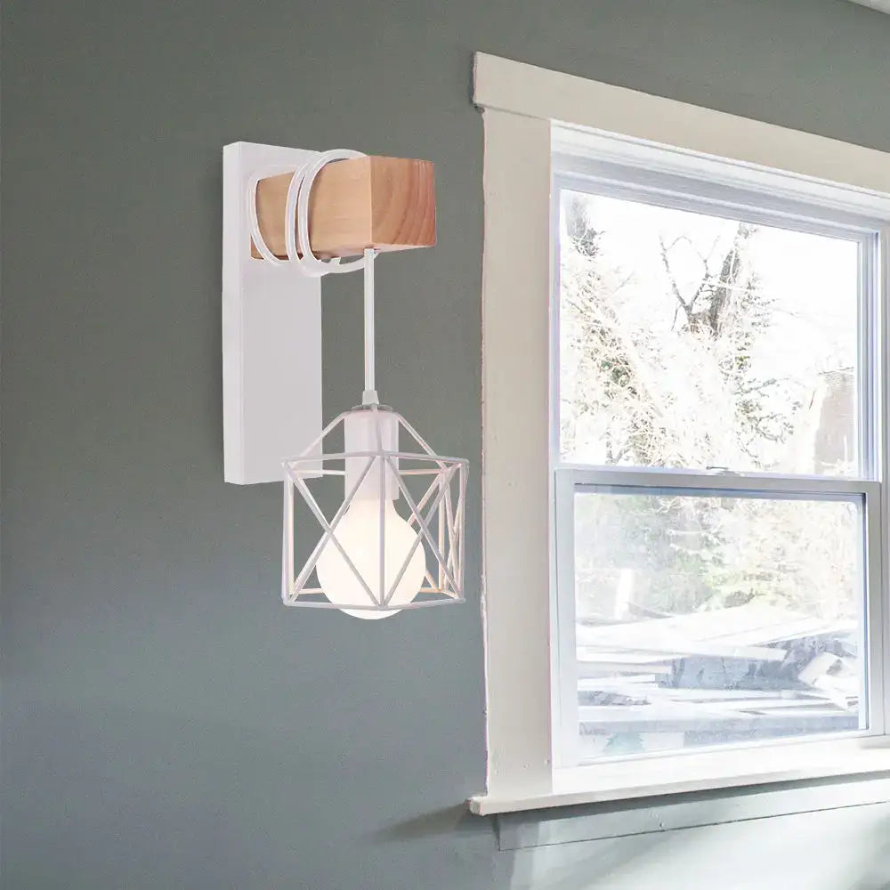 White geometric wire wall sconce with wooden accent minimalist design decorbites industrial led bedroom lighting