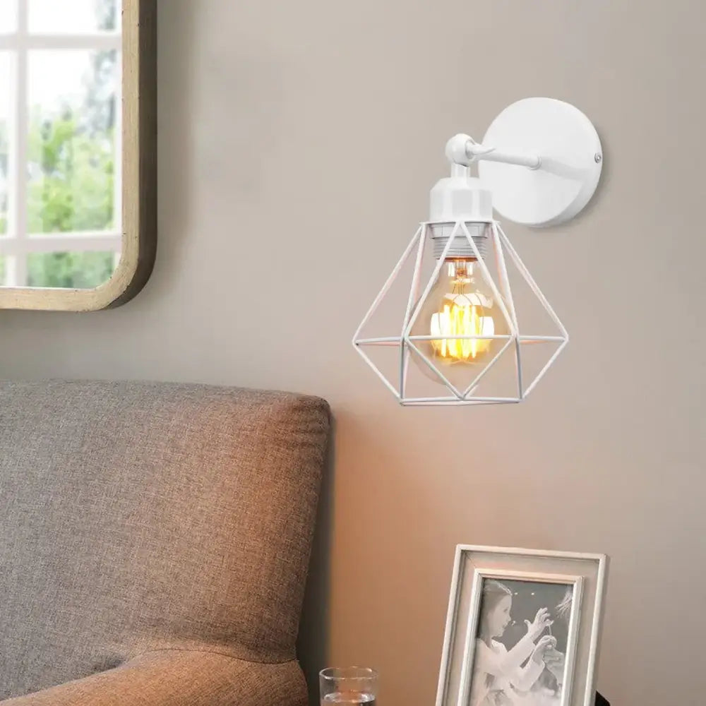White geometric wire cage wall sconce with exposed filament bulb for industrial led wall decorbites bedroom lighting