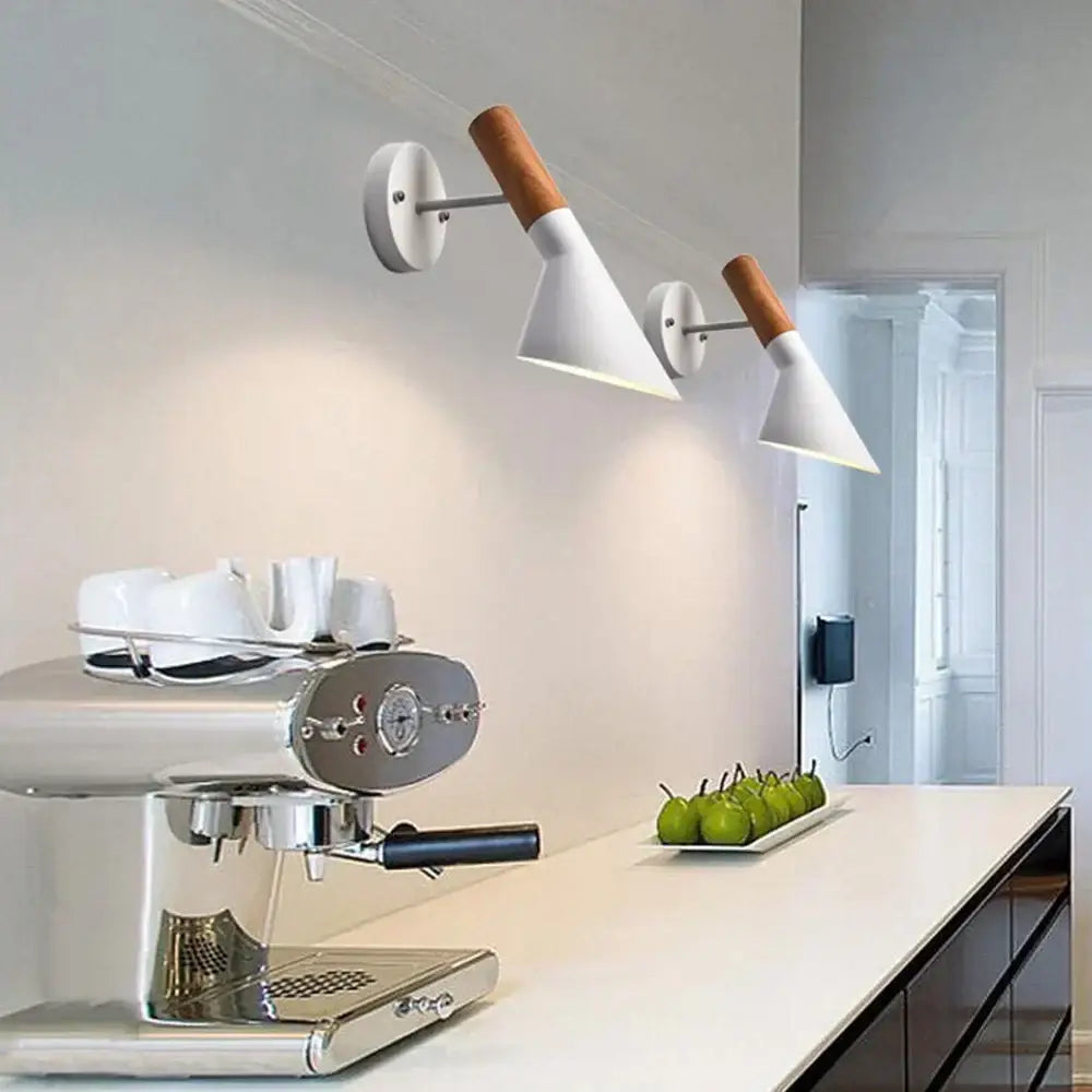 White conical wall sconce with wooden accents featuring decorbites industrial led design for bedroom lighting