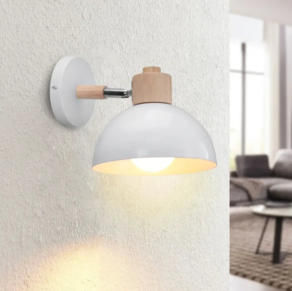White dome-shaped industrial led wall sconce with wooden accent and chrome hardware for bedroom decorbites industrial led decor