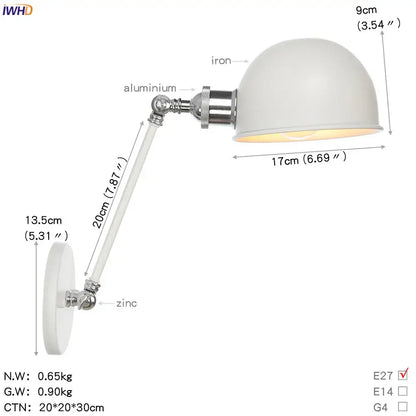 Industrial white and chrome adjustable swing arm wall sconce with white matte dome lampshade and zinc aluminum components