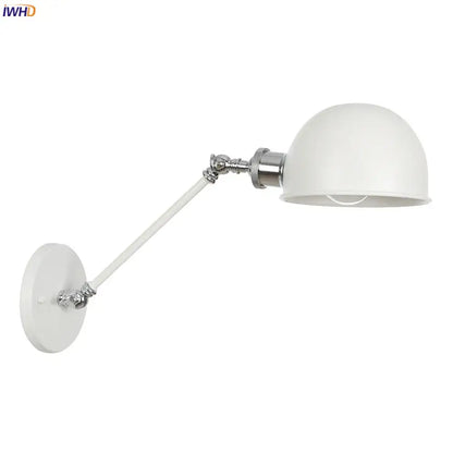 Industrial white and chrome adjustable swing arm wall sconce with white dome shade and chrome-finished articulated arm