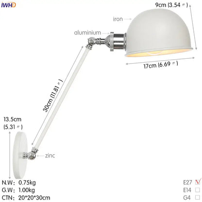 Industrial white and chrome adjustable swing arm wall sconce with a dome lamp, chrome aluminum arm, and zinc base decorbites adjustable swing