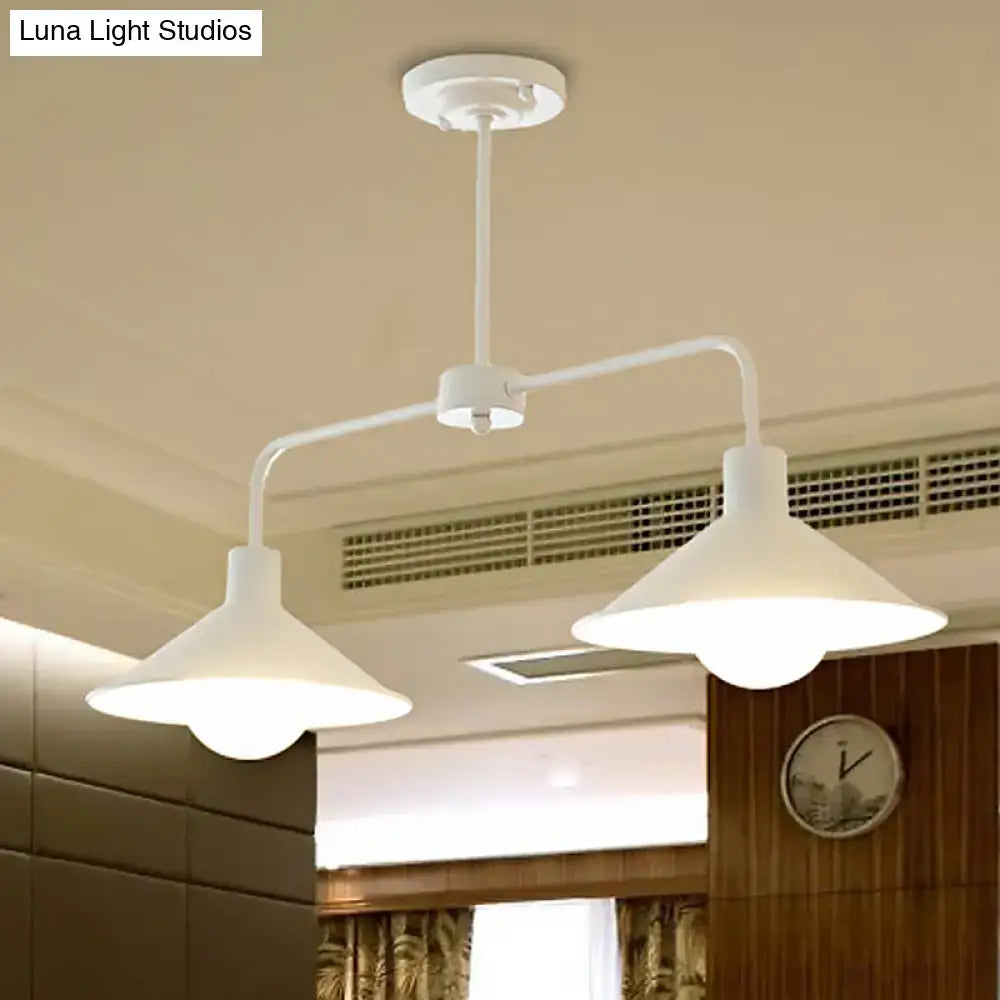 White DecorBites industrial conic pendant light with two conical shades and angle arm for kitchen island lighting