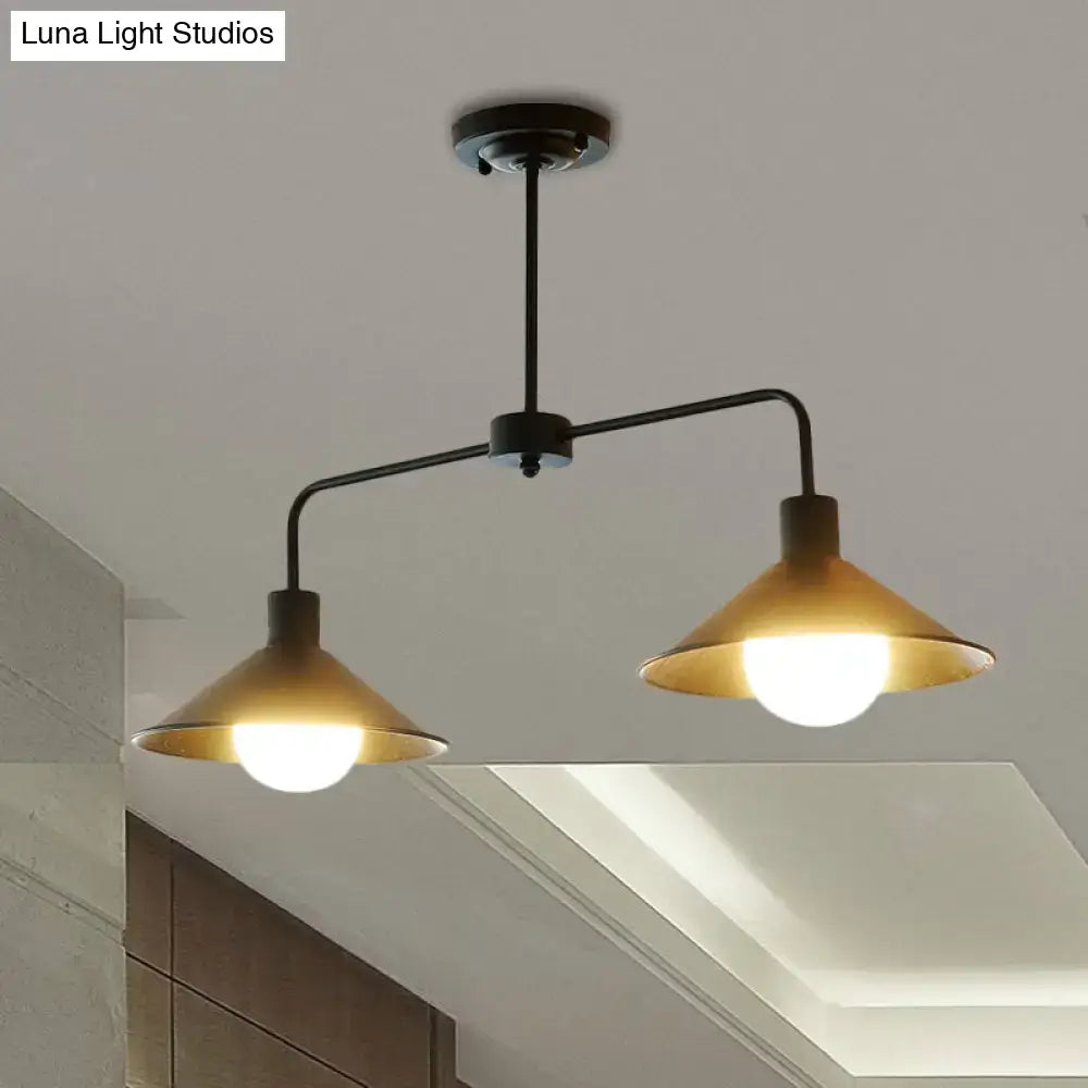 Decorbites industrial conic pendant light black metal with two warm brass shades and angle arm for kitchen island lighting