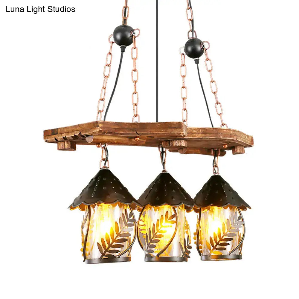 Rustic wooden chandelier with three amber glass lanterns and dark metal roofs for industrial white clear lantern island lighting