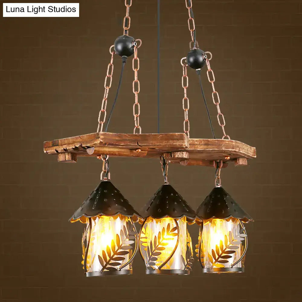 Rustic wooden plank chandelier with three amber glass lanterns and copper chains for industrial white clear lantern island lighting