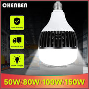 Industrial white e27 led bulb with black heat sink fins and standard screw base available in 50w to 150w power options