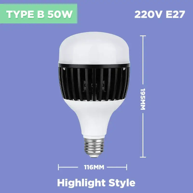 Industrial white e27 led bulb with frosted glass top and heat-dissipating fins for high power garage light use