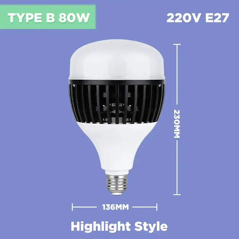 Industrial white e27 led bulb with black and white body and ribbed heat sink for high power garage lighting