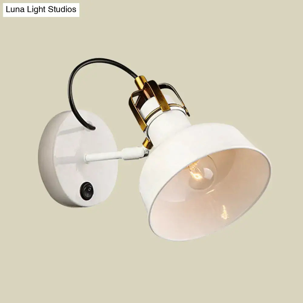 Industrial white and gold metal wall light with brass adjustable arm and black cord compatible with e26 e27 bulbs