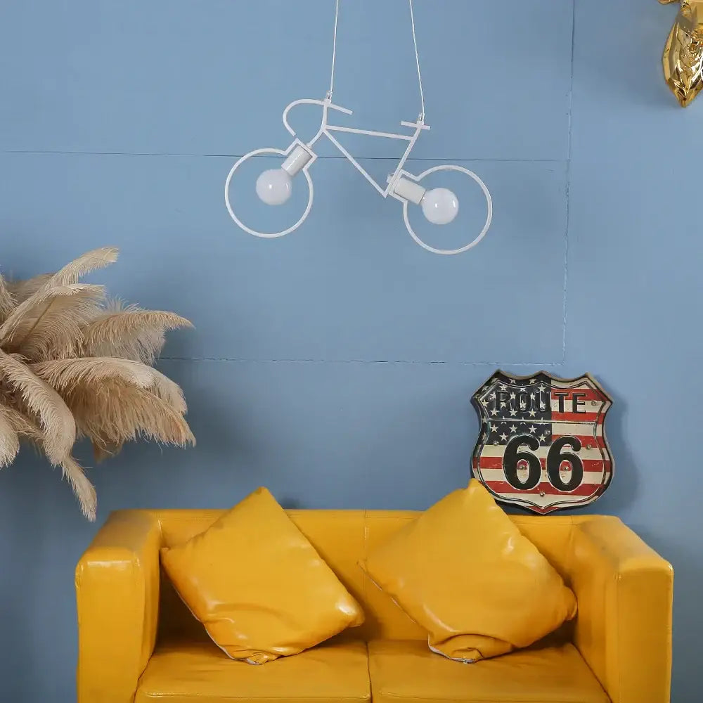 White wireframe iron bicycle pendant light with two exposed bulbs for industrial living room decorbites iron bicycle decor