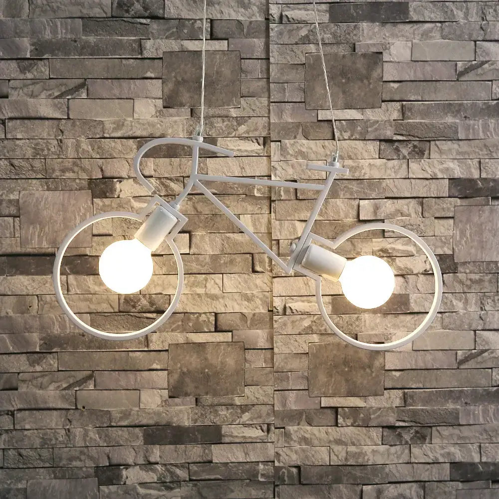 White metal iron bicycle pendant light with two exposed bulbs for living room decor and decorbites iron bicycle style