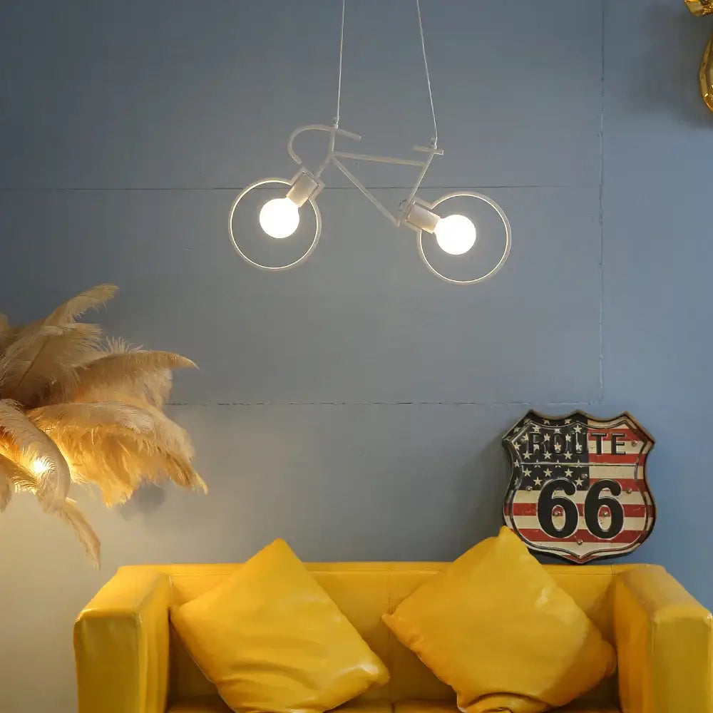 White iron bicycle pendant light with two circular bulbs and minimalist frame for living room decorbites iron bicycle design