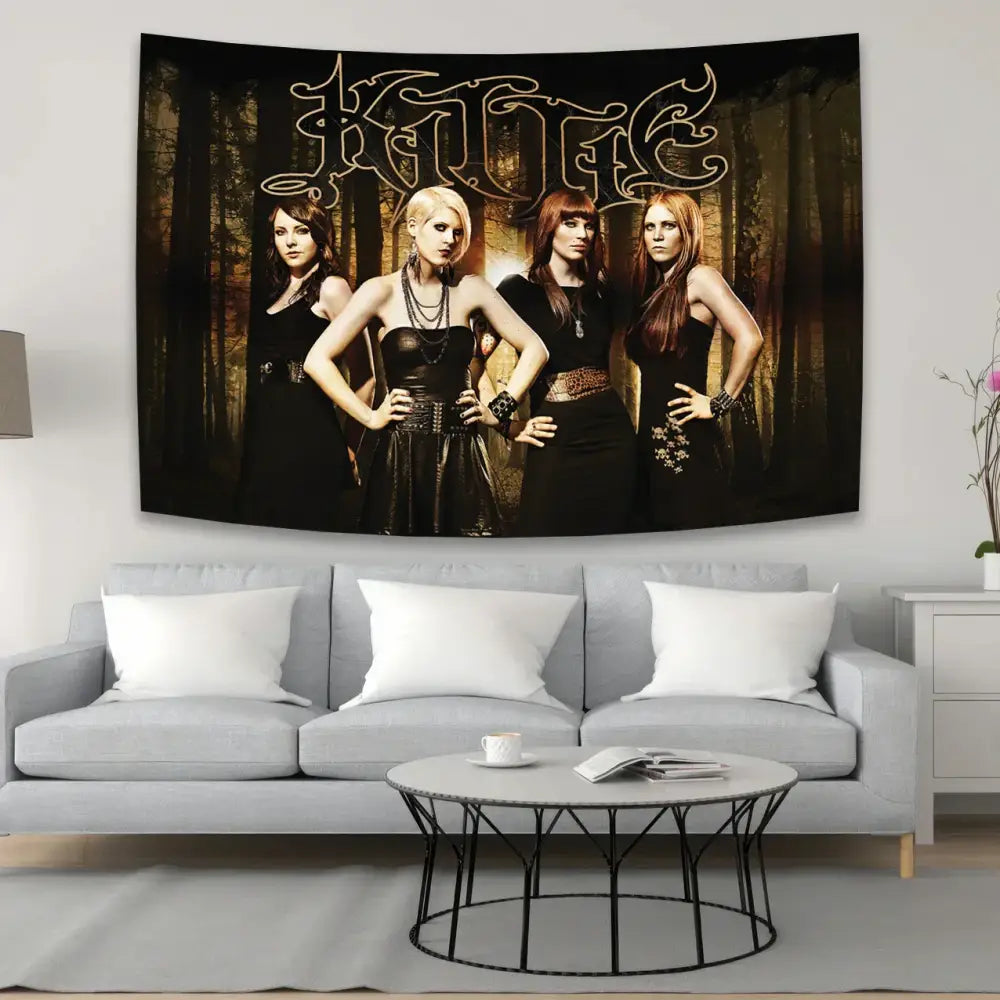 Industrial white sewing machine kitties tapestry wall art featuring black and gold kat tun band decorbites kitties tapestry