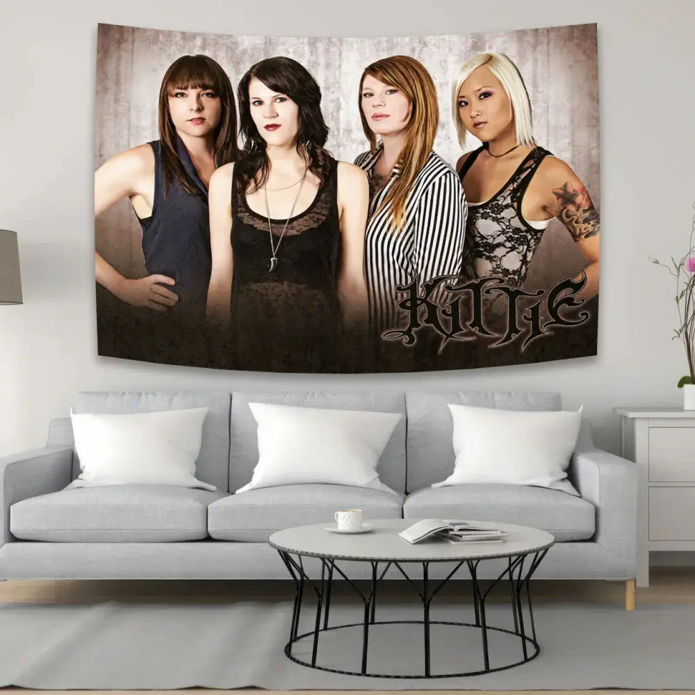 Black and gray decorbites kitties tapestry wall featuring four kittie members with gothic lettering for bedroom decor