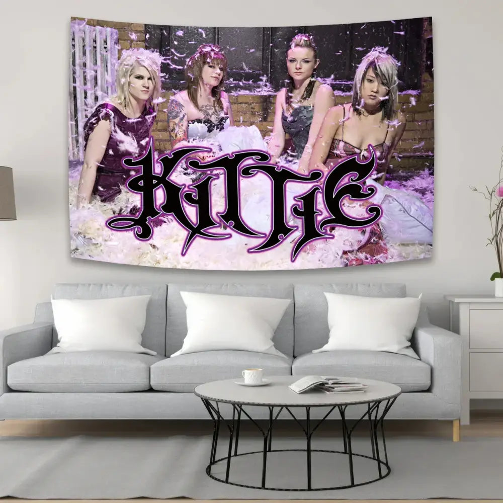Industrial white sewing machine kitties tapestry wall art features purple and black decorbites kitties tapestry with four women