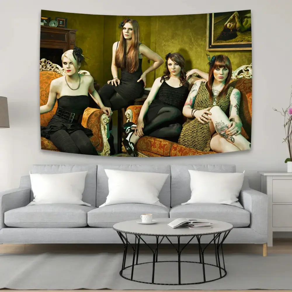 Vintage-style decorbites kitties tapestry wall art featuring four gothic women on olive-green backdrop for bedroom decor