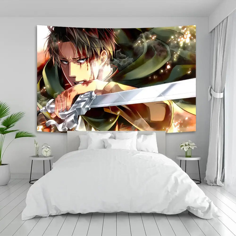 A vibrant titan boho tapestry featuring a brown-haired character with a silver sword on orange and green hues