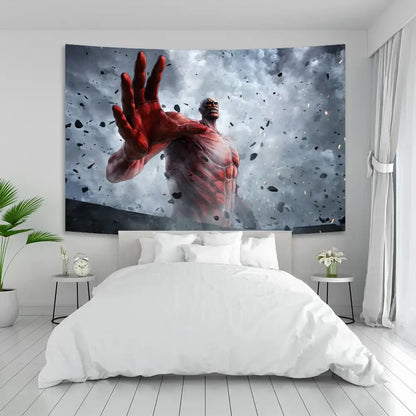 Large industrial white titan boho tapestry depicting red-skinned titan with muscular physique for sewing room decor