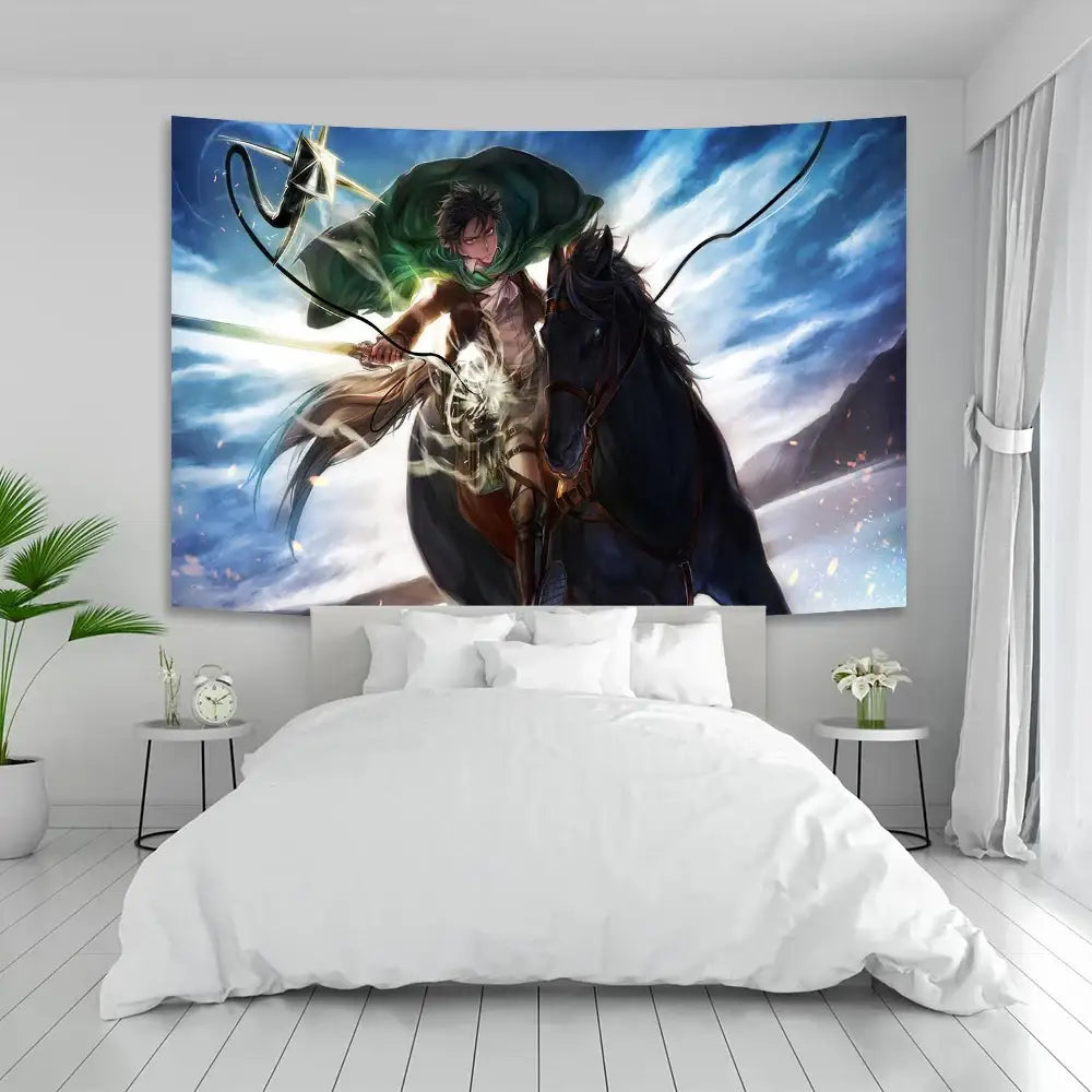 Industrial white titan boho tapestry featuring a vibrant warrior on horseback with green cloak and blue sky backdrop for sewing room decor