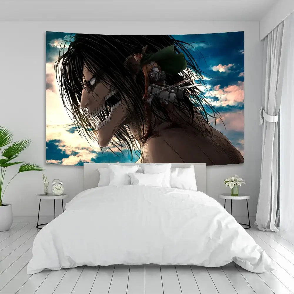 Industrial white titan boho tapestry with dramatic dark-haired anime character and sharp teeth for sewing room decor