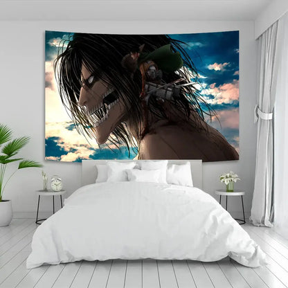 Industrial white titan boho tapestry with dramatic dark-haired anime character and sharp teeth for sewing room decor