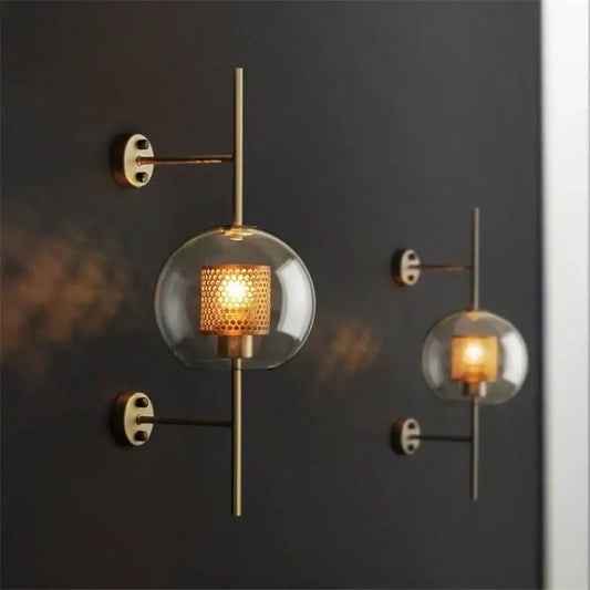 Modern brass wall lamp with amber honeycomb glass globe in decorbites industrial wind grid style for living room decor