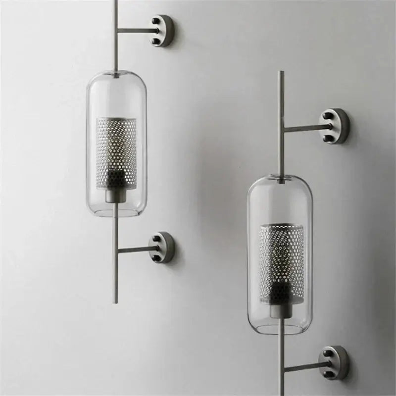Modern minimalist decorbites industrial wind grid brass wall lamp with clear glass cylinders and perforated metal shades