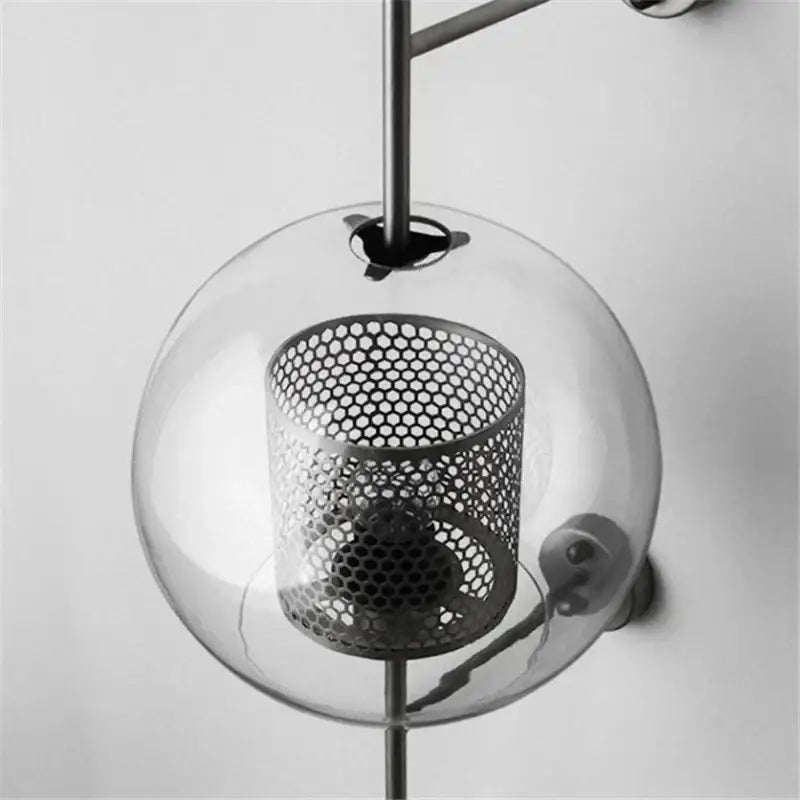 Modern spherical glass pendant wall lamp with black metal honeycomb mesh interior for decorbites industrial wind grid decor