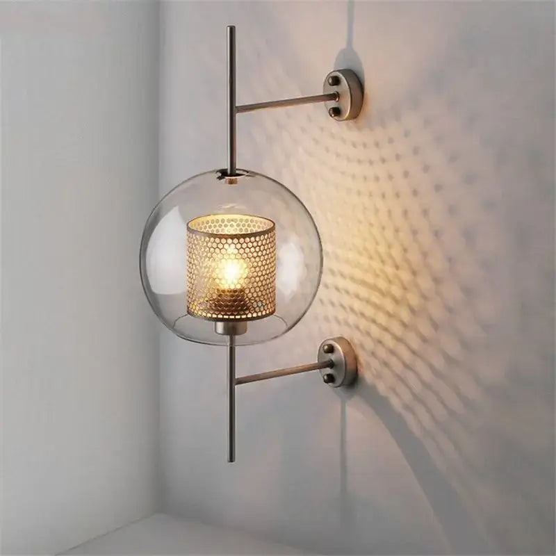 Modern wall lamp decorbites industrial wind grid with clear glass globe and gold honeycomb mesh on brushed metal arms
