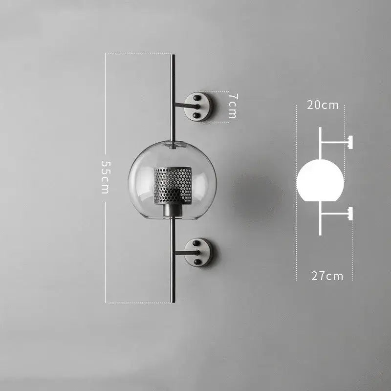 Modern minimalist decorbites industrial wind grid wall lamp with clear glass globe and perforated brass center on black rods