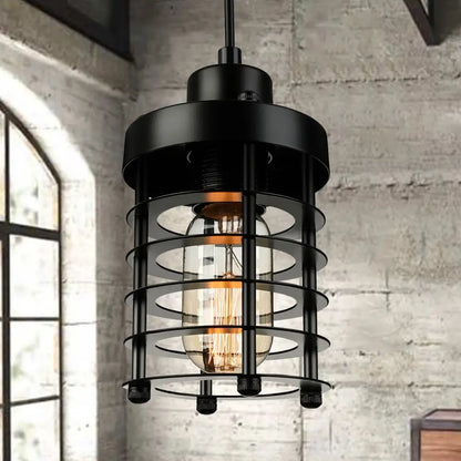 Industrial Wire Cage Pendant Light Fixture in Black & Rust for Dining Room with 1 Bulb