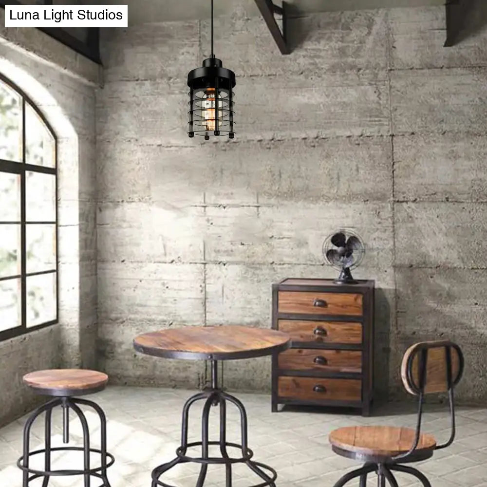 Industrial Wire Cage Pendant Light Fixture in Black & Rust for Dining Room with 1 Bulb