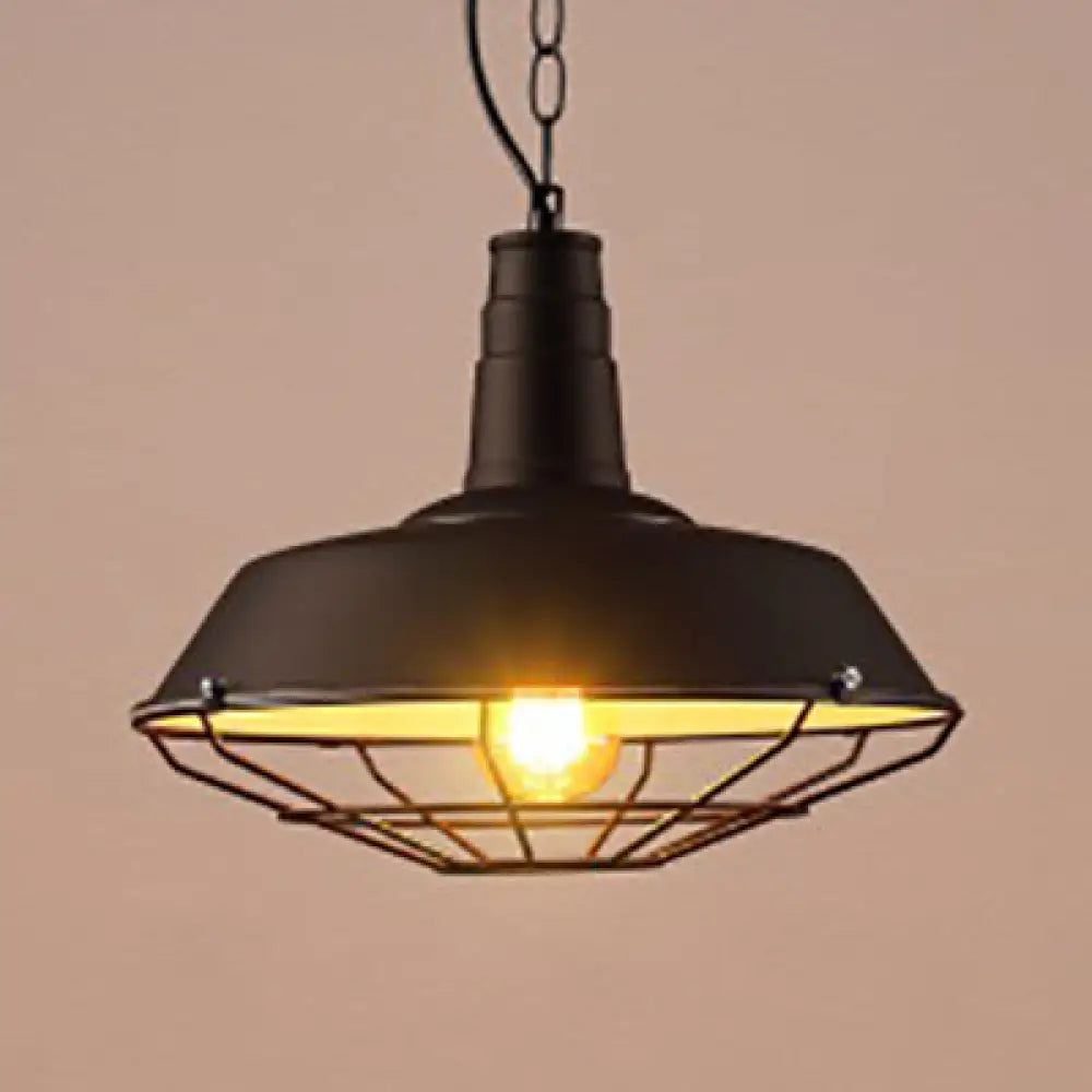 Industrial Wire Cage Pendant Light with Metal Shade, Black Suspended Lamp for Warehouse