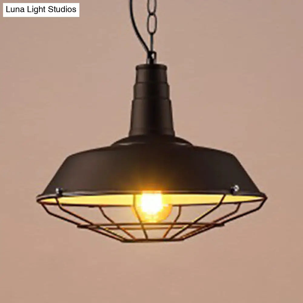 Industrial Wire Cage Pendant Light with Metal Shade, Black Suspended Lamp for Warehouse