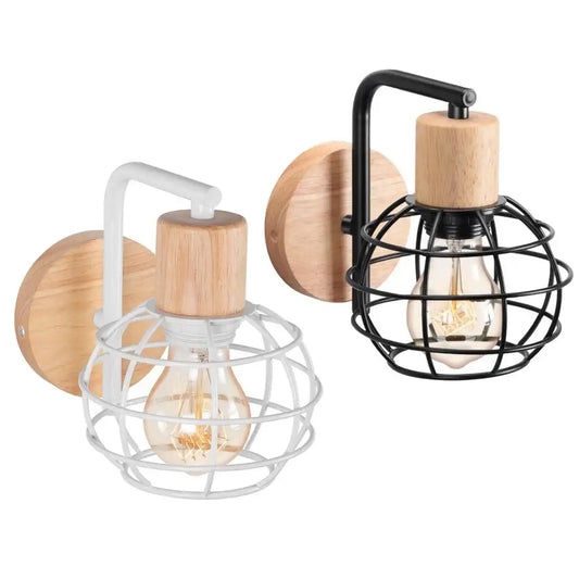Two rustic industrial wire cage wall sconces with natural wood bases in black and white for bedroom decorbites decor