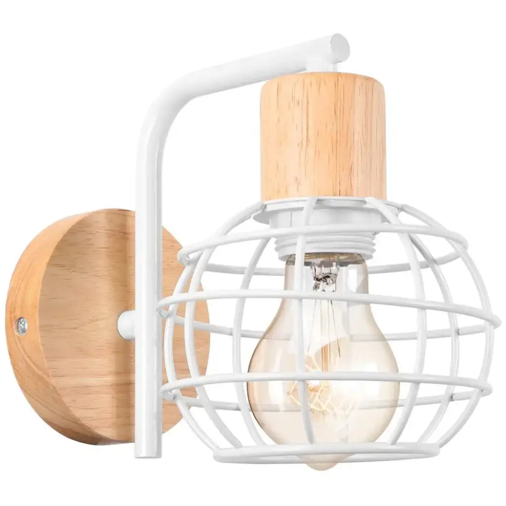 White metal industrial wire cage wall sconce with natural wood finish accent and exposed bulb for bedroom decorbites lighting