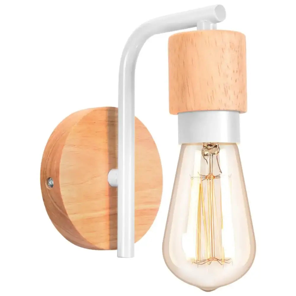 A modern wall sconce with a white metal arm, wooden backplate, and exposed bulb for decorbites industrial wire cage lighting