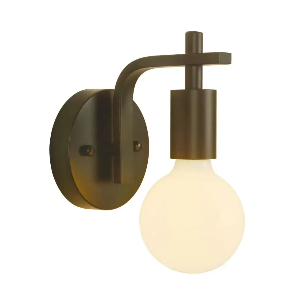 Bronze-finished wall sconce with curved arm and opaque warm globe bulb for decorbites industrial wire cage bedroom light fixture