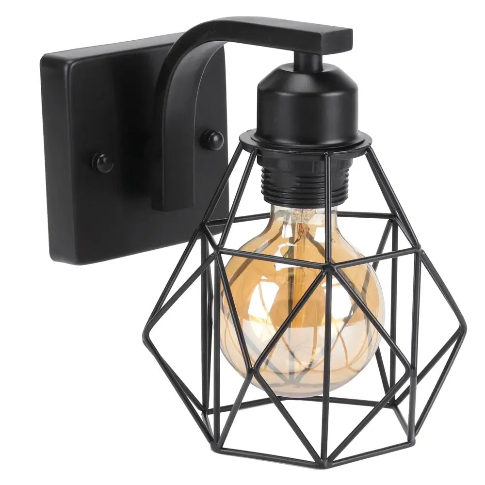 Black metal industrial wire cage wall sconce with geometric design and amber glass bulb for black and white bedroom decorbites industrial wire cage